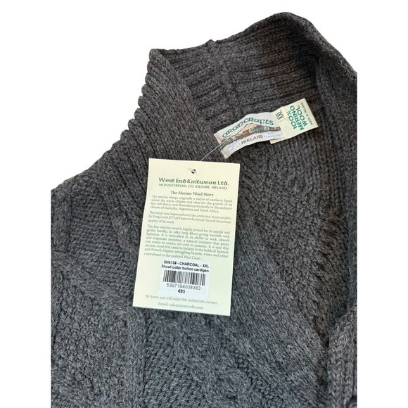 Aran Crafts Sweater Mens Size XXL Gray Merino Wool Cardigan Shawl Collar Cable - Picture 4 of 8